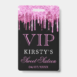 Tarjeta De Identificación Chic rosa negro goteo brillo Sweet Sixteen