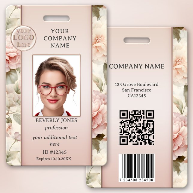 Tarjeta De Identificación Chica Femenina Rosa Floral Badge de Identificación (Girly chic professional photo ID badge with your custom photo and logo on a floral pink background)