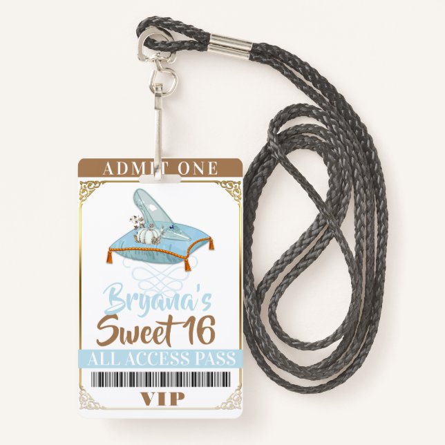 Tarjeta De Identificación Cinderella Slipper Princess Sweet 16 VIP Pass (Anverso son cordón)