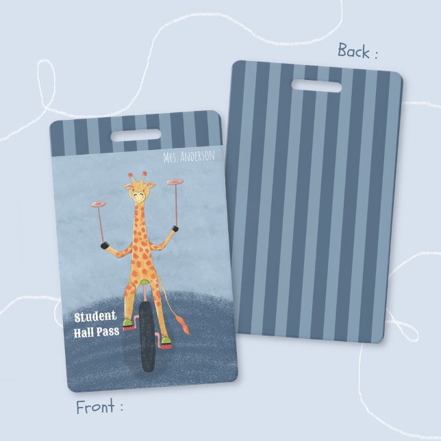 Tarjeta De Identificación Circus Giraffe Blue Student Hall Pass Badge (Circus giraffe elementary school blue hall pass badge .)