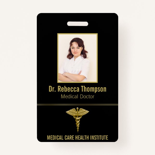 Tarjeta De Identificación Clásico Caducto de Oro Médico en Black Photo ID (Anverso)