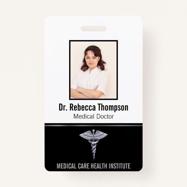 Tarjeta De Identificación Clásico Caducto de Plata Médica en Black Photo ID (Anverso)
