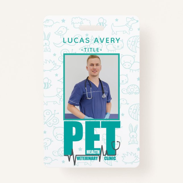 Tarjeta De Identificación Clínica veterinaria Foto Azul moderno (Anverso)