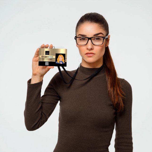 Tarjeta De Identificación Código de barras del empleado Escáner de nombre de (Employee Barcode Logo Name Scanner Black Gold Lux Badge)