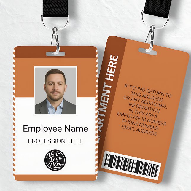 Tarjeta De Identificación Código de barras personalizado naranja moderno con (Custom Orange Modern Photo Employee Name Barcode Badge)