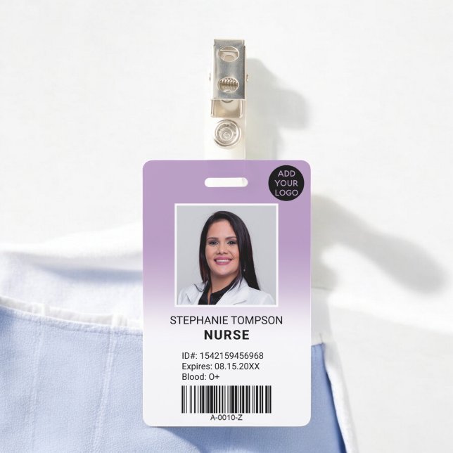 Tarjeta De Identificación Código de logo de foto de enfermera ombre púrpura  (Professional purple ombre nurse photo logo code badge)