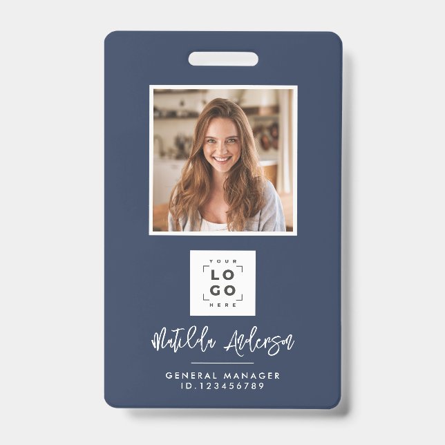 Tarjeta De Identificación Código QR azul marino moderno resumen fotográfico  (Parte frontal)