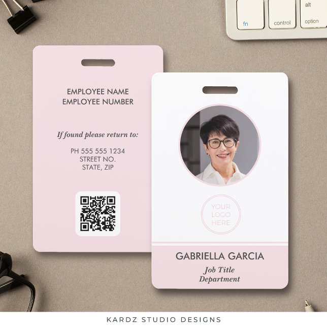 Tarjeta De Identificación Código QR de empleado Insignia Rubor de identifica (Personalize this ID badge with employee photo and business logo, QR code and business information.)