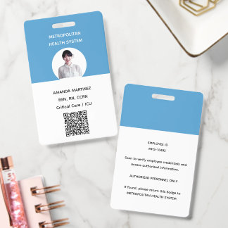 Tarjeta De Identificación Código QR de foto de enfermera registrada azul mod