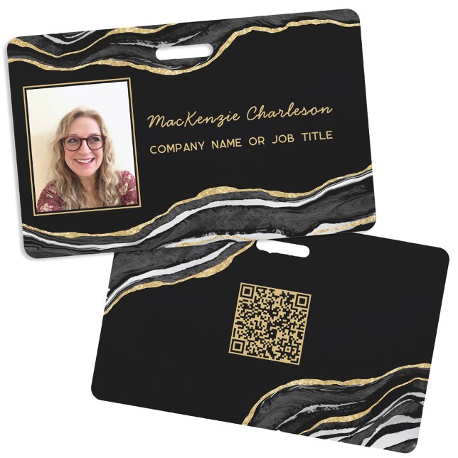 Tarjeta De Identificación Código QR de Geoda de Ágata de Mármol Negro con ID (Black marble agate geode gold business photo id with QR code)