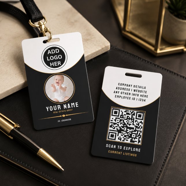 Tarjeta De Identificación Código QR de Identificación de Bienes Raíces Moder (Luxury Black Gold Modern Real Estate QR Code ID Badge
)