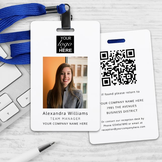 Tarjeta De Identificación Código QR de seguridad de empresa de identificació (Modern custom business employer photo ID security badge with qr code and name job title lanyard)
