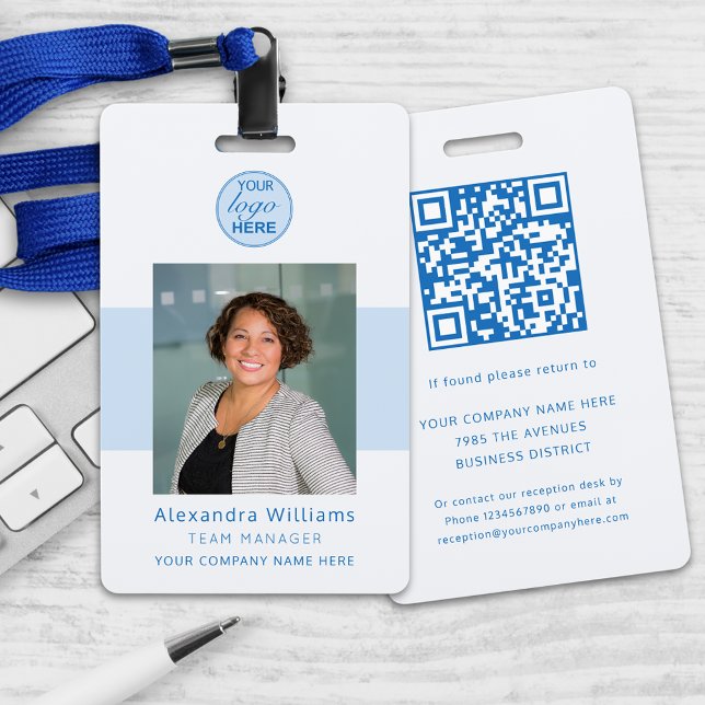 Tarjeta De Identificación Código QR de seguridad de empresa de identificació (Blue ad gray custom business photo id with qr code security badge Modern professional lanyard)