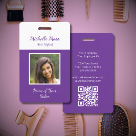 Tarjeta De Identificación Código QR Foto Salón de belleza Purple Hair Stylis