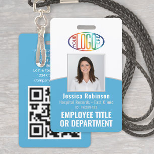 Tarjeta De Identificación Código QR Logo Corporativo Foto de Empleado Azul C