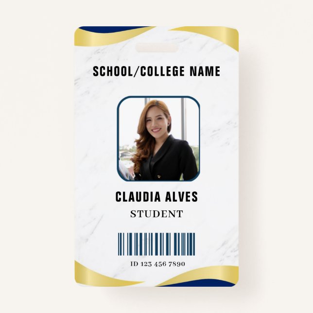 Tarjeta De Identificación Compañía de retrato estudiantil moderno azul y oro (Anverso)
