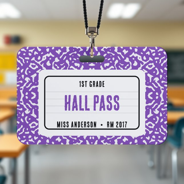 Tarjeta De Identificación Composición de bloc de notas en aula paso púrpura (Composition Notebook Classroom Hall Pass Purple Badge
)