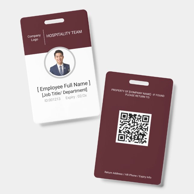 Tarjeta de identificación con código QR para emple (Parte frontal y trasera)