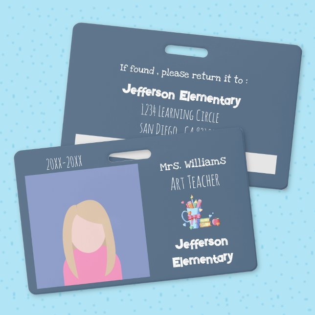 Tarjeta de identificación con foto horizontal azul (Art Teacher Blue Horizontal Photo ID Badge .)