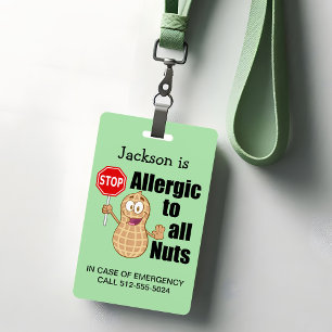 Tarjeta De Identificación Conciencia de la Alergia al Maní Adorable