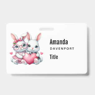 Tarjeta De Identificación Conejitos lindos compartiendo un corazón