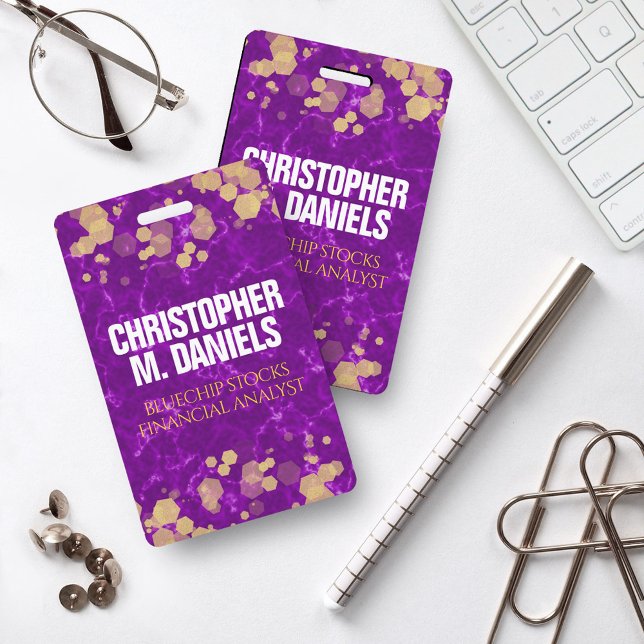 Tarjeta De Identificación Confetti dorado en mármol de ID morado (Subido por el creador)