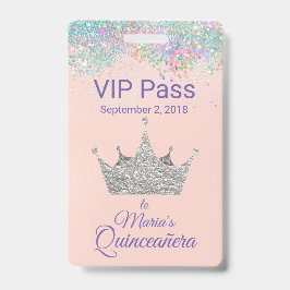 Tarjeta De Identificación Corona plateada con purpurina colorida Quinceañera