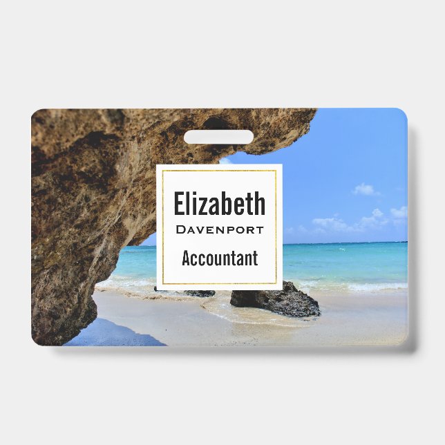 Tarjeta De Identificación Costa de playa tropical con una gran roca (Parte frontal)