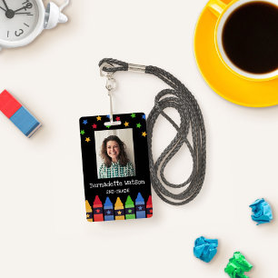 Tarjeta De Identificación Crayones Estrellas Colegio ID Profesor Rojo Azul V