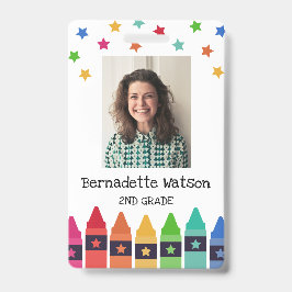 Tarjeta De Identificación Crayones y estrellas ID colorido de maestro de esc