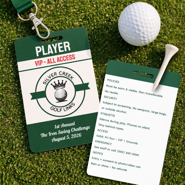 Tarjeta De Identificación Crea Personalizado Tu Propio Torneo de Golf (Classic golf badge design featuring crossed clubs, green fairway accents, and tournament-ready style)