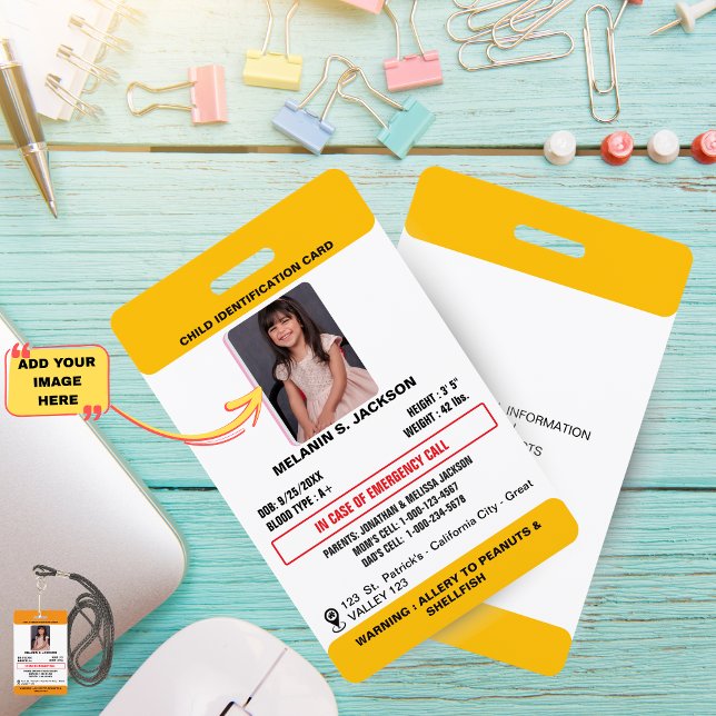 Tarjeta De Identificación Creador de Identificación Personalizada para Niños (Child Photo Emergency ID Identification Card Badge)
