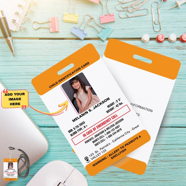 Tarjeta De Identificación Creador de Identificación Personalizada para Niños (Custom Photo ID Badge for Kids with Emergency Contact and Medical Alerts)