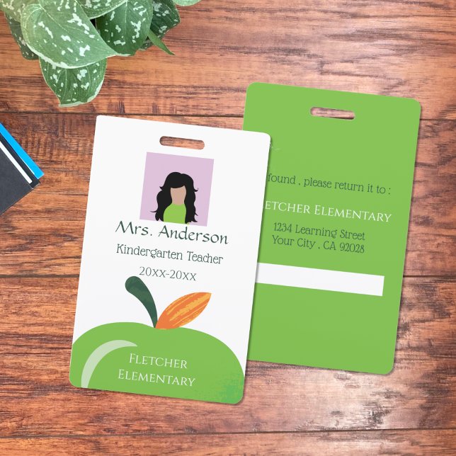 Tarjeta De Identificación Credencial Blanca de Identificación con Foto para  (Green apple school staff photo ID badge . )