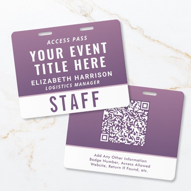 Tarjeta De Identificación Credencial de Acceso a Evento con Código QR Morado (Modern QR Code Purple Event Access ID Badge)