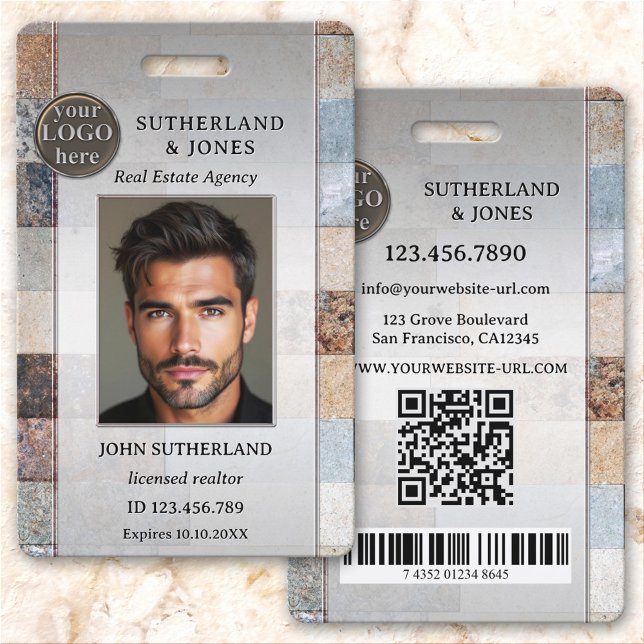 Tarjeta De Identificación Credencial de identificación profesional para agen (Professional real estate ID badge featuring your photo and logo on an elegant marble brick design.)