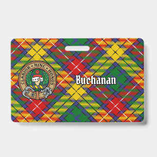 Tarjeta De Identificación Crest del Clan Buchanan sobre tartán