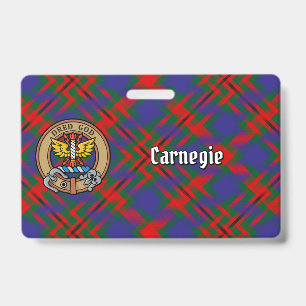 Tarjeta De Identificación Crest del clan Carnegie sobre tartán