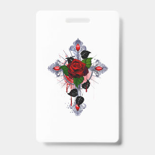 Tarjeta De Identificación Cruz de Plata con una Rosa Roja