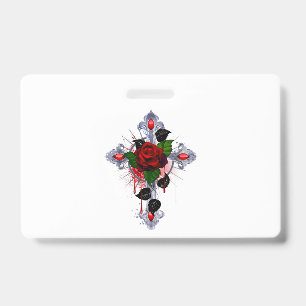 Tarjeta De Identificación Cruz de plata con una rosa roja