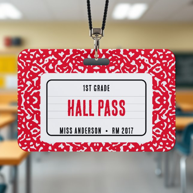 Tarjeta De Identificación Cuaderno de composición Pase de sala de clase Rojo (Composition Notebook Classroom Hall Pass Red Badge
)