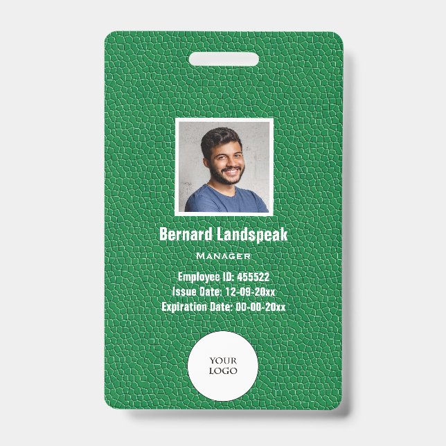 Tarjeta De Identificación Cuero Verde & Foto de Empleado & Logo, Código de B (Parte frontal)