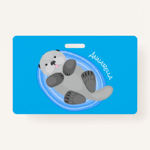 Tarjeta De Identificación Cuidada y feliz nutria azul personalizado ilustrac