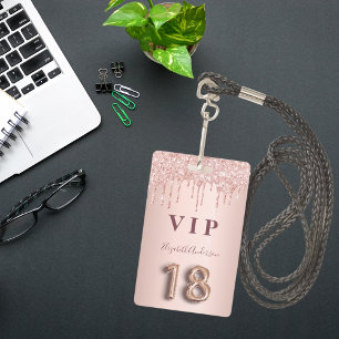 Tarjeta De Identificación Cumpleaños 18 brillo dorado rosa glamour con gotas