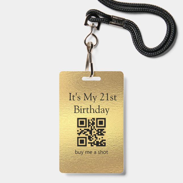 Tarjeta De Identificación cumpleaños 21, cómprame un trago, código qr, hoja  (Parte frontal con cordón)