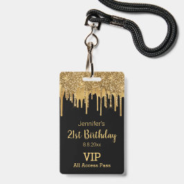 Tarjeta De Identificación cumpleaños 21 negro oro goteando brillos pase vip