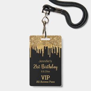 Tarjeta De Identificación cumpleaños 21 negro oro goteando brillos pase vip