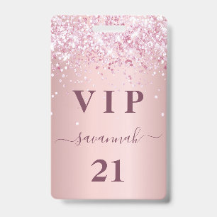 Tarjeta De Identificación Cumpleaños brillo rosa polvo vip nombre