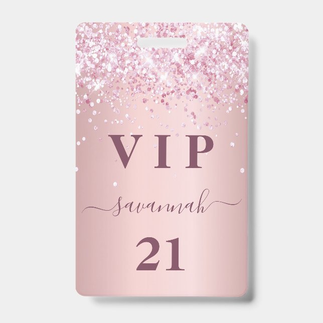 Tarjeta De Identificación Cumpleaños brillo rosa polvo vip nombre (Parte frontal)