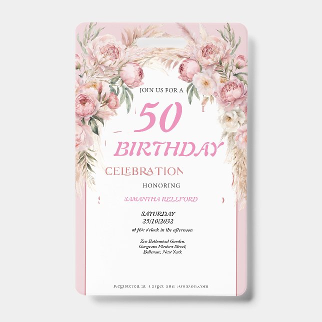 Tarjeta De Identificación Cumpleaños de flores rosadas lindas (Parte frontal)